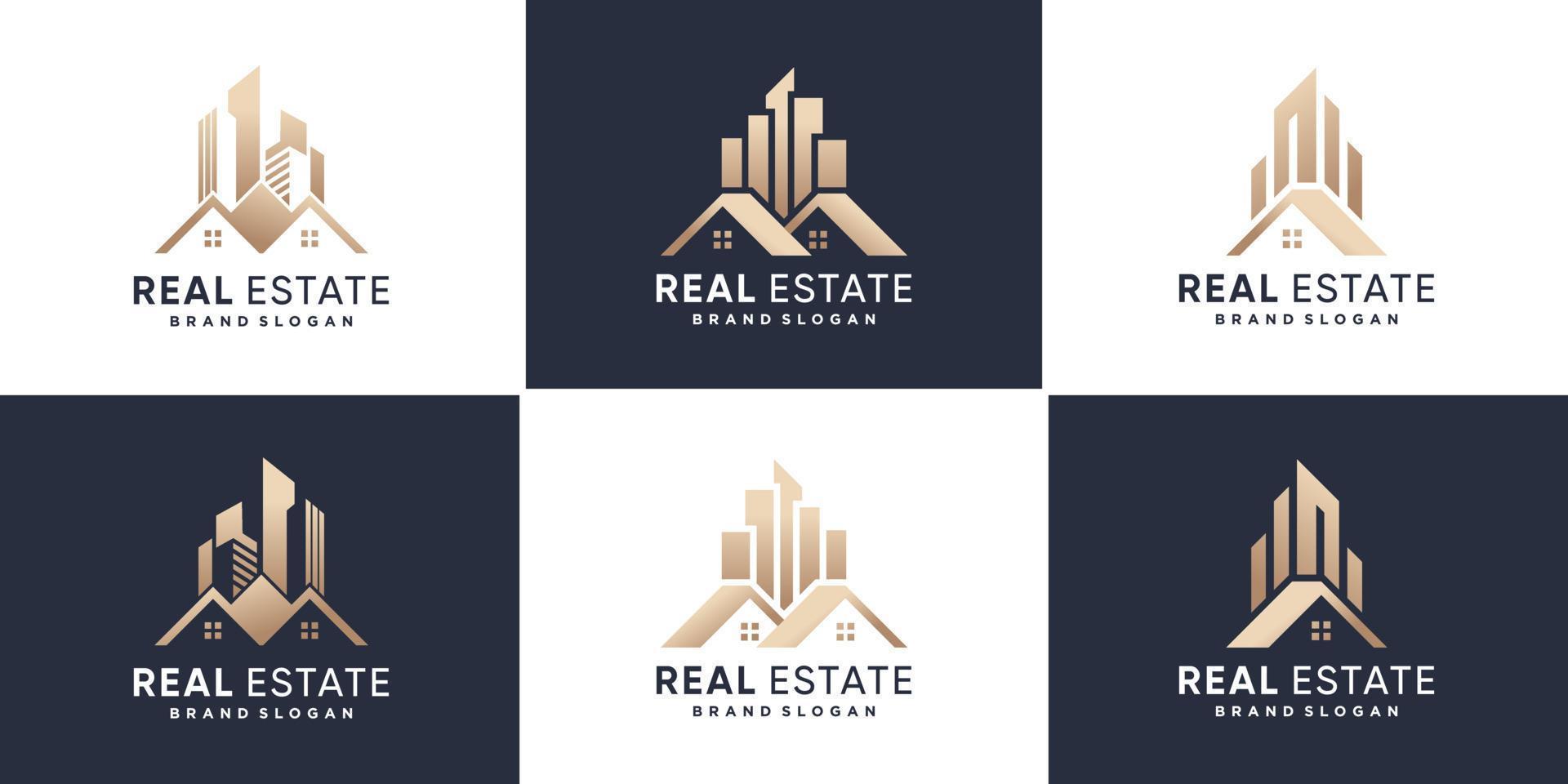 colección de logotipos inmobiliarios con vector premium de estilo creativo dorado