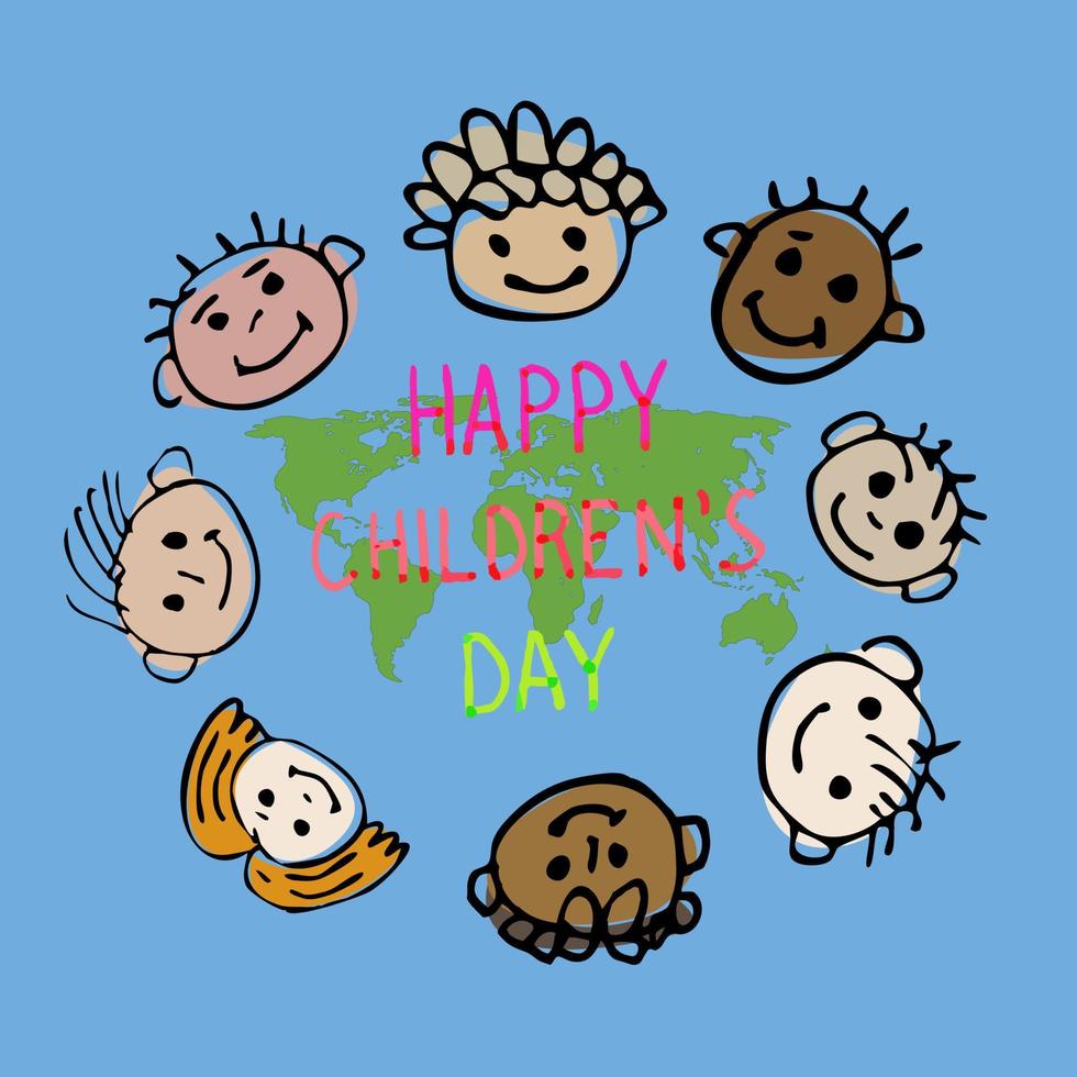 International holiday Happy Children's Day. Round vector logo template. Pencil doodles of children's faces.