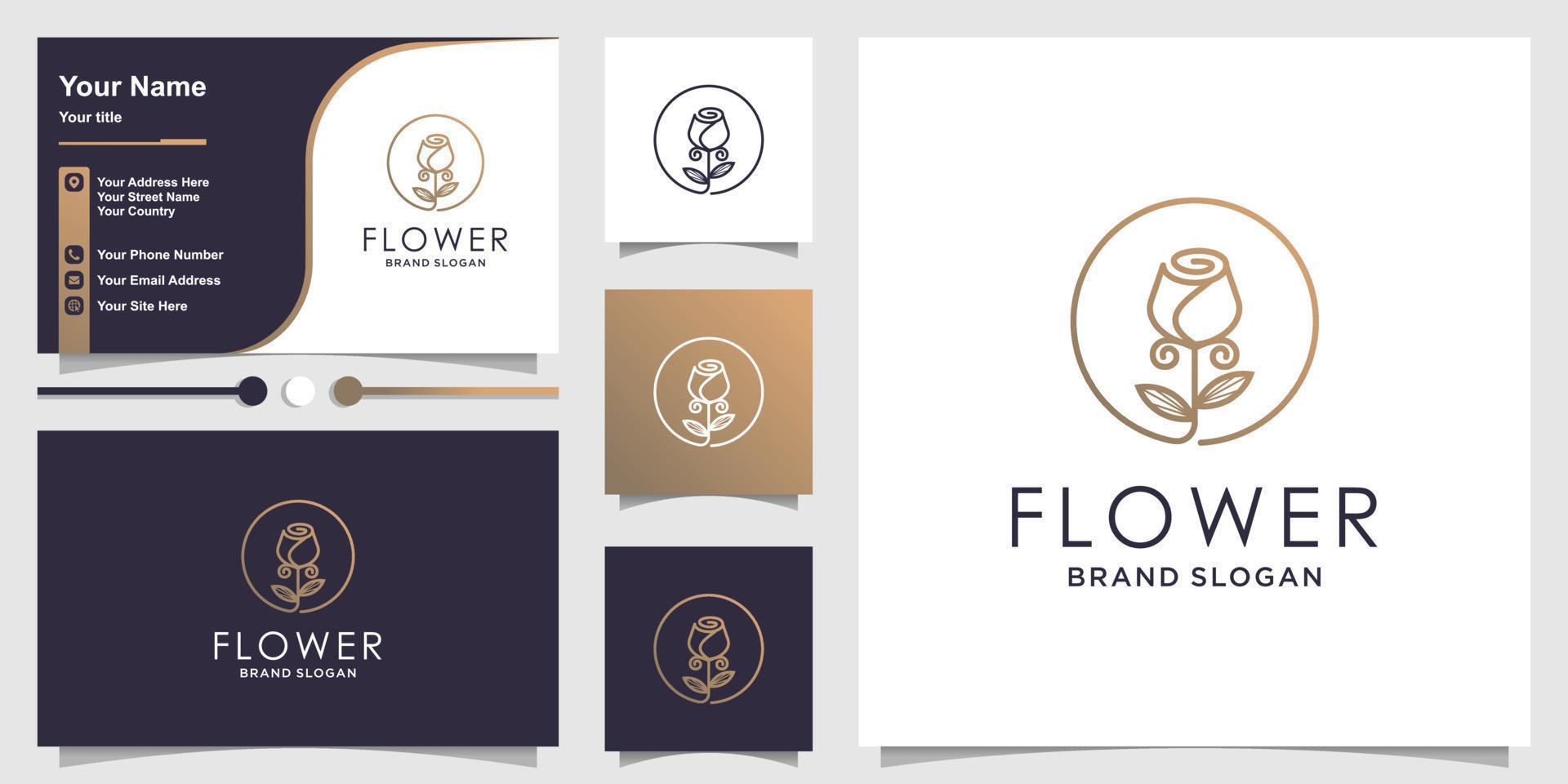 Flower logo template with line art concept and business card design Premium Vector