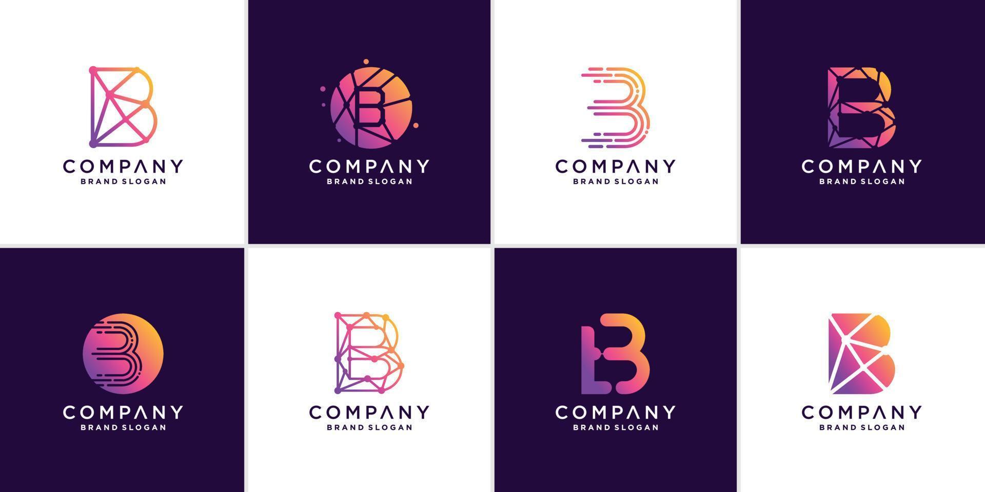 Set of letter logo B, with modern concept, internet, technology, line art, molecule vector