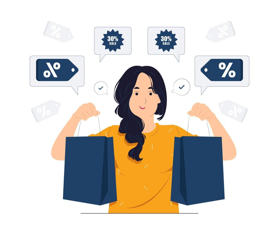 Woman carrying shopping bags while do online shop concept illustration vector