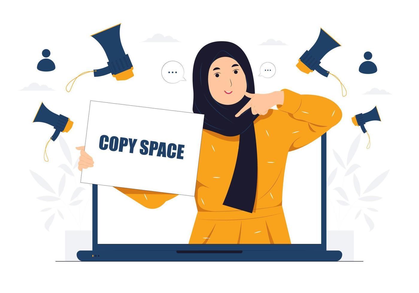 Beautiful Muslim businesswoman with laptop pointing fingers upper left and right corner with happy expression advices use this copy space wisely concept illustration vector