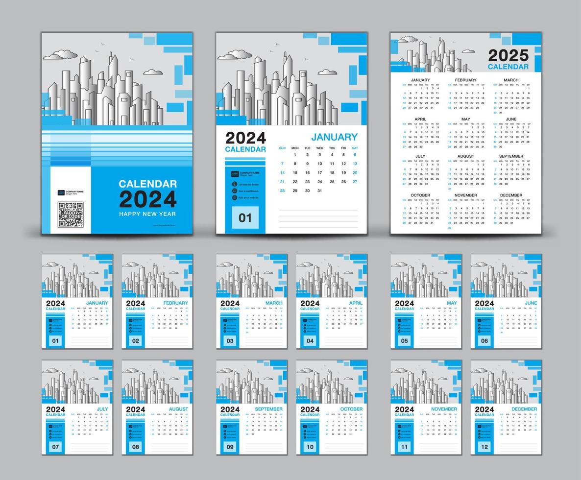 conjunto de diseño de calendario 2024 y plantilla de calendario de portada azul 2024, semana comienza el domingo, calendario de pared 2025 año, diseño de calendario de escritorio, planificador, impresión, afiche, publicidad, vector eps10