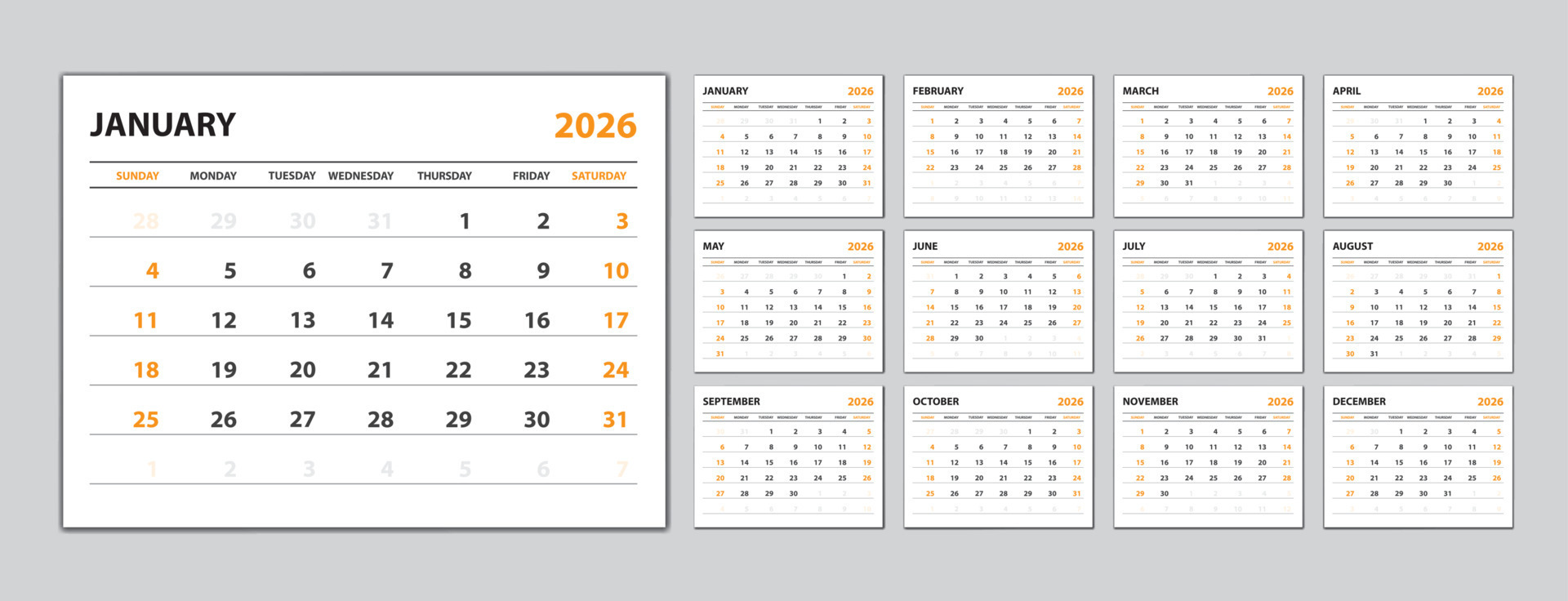 Set Desk calendar 2026 year, calendar 2026 template 7620849 Vector Art
