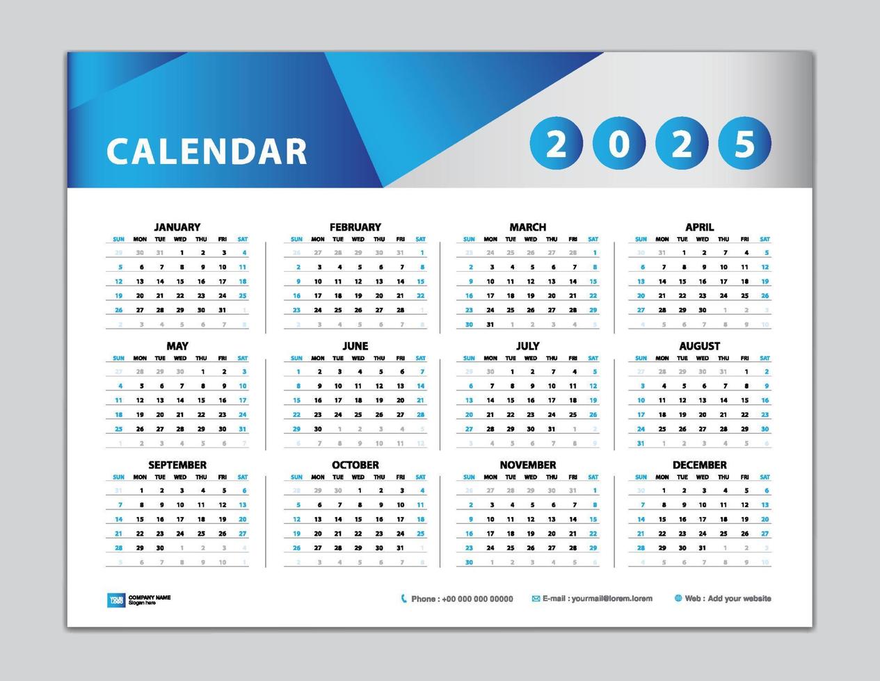 plantilla de calendario 2025, diseño de calendario de escritorio 2025, calendario de pared año 2025, conjunto de 12 meses, semana comienza el domingo, planificador, organizador anual, papelería, inspiración de calendario, vector de fondo azul