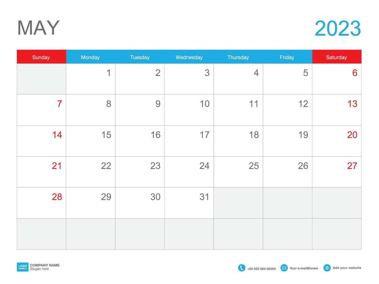 May 2023 template-Calendar 2023 design , Desk Calendar 2023 template, Planner simple, Week starts Sunday, Stationery, Wall calendar, printing, advertisement, vector illustration