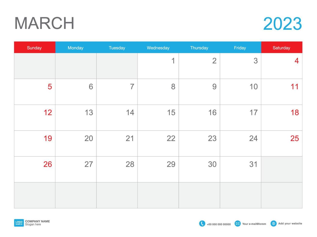 marzo 2023 diseño de plantilla-calendario 2023, plantilla de calendario de escritorio 2023, planificador simple, semana comienza el domingo, papelería, calendario de pared, impresión, publicidad, ilustración vectorial vector