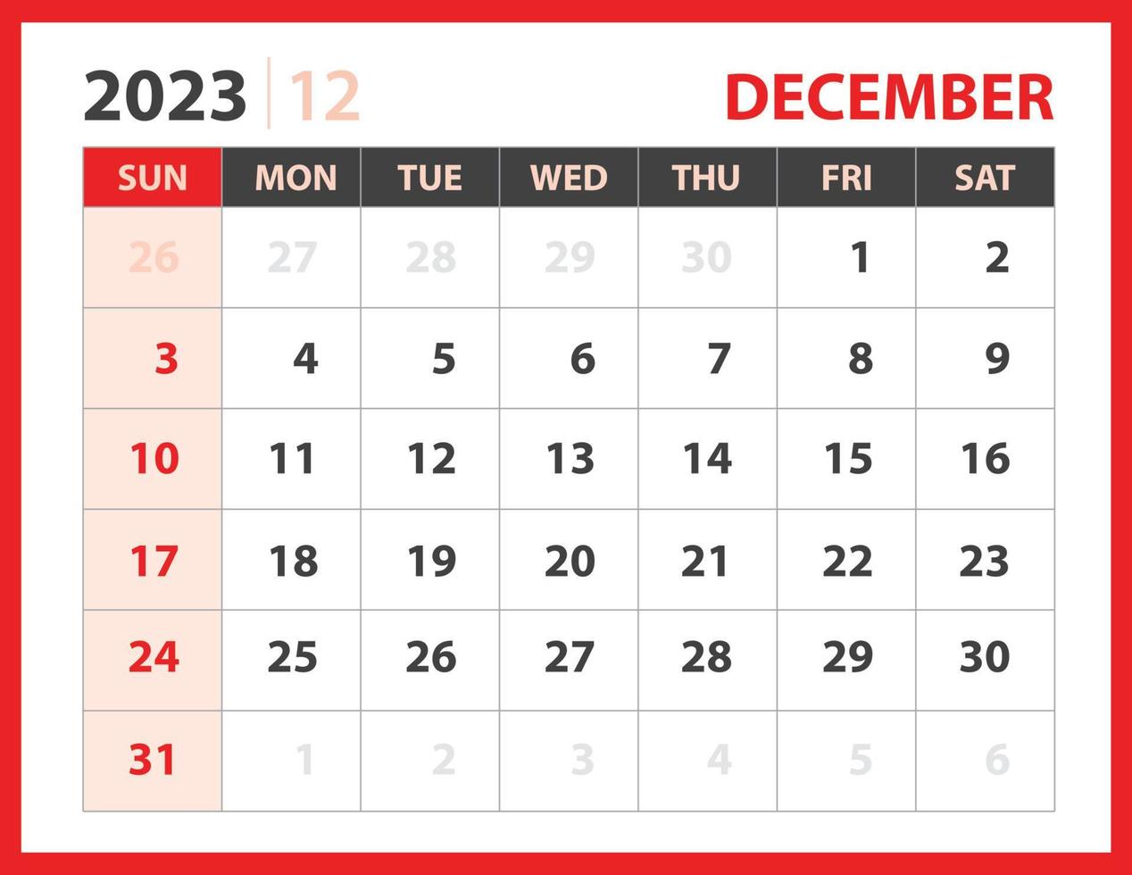 plantilla de diciembre de 2023, vector de diseño de calendario 2023, diseño de planificador, semana comienza el domingo, plantilla de calendario de escritorio 2023, papelería. calendario de pared sobre fondo rojo, vector eps 10