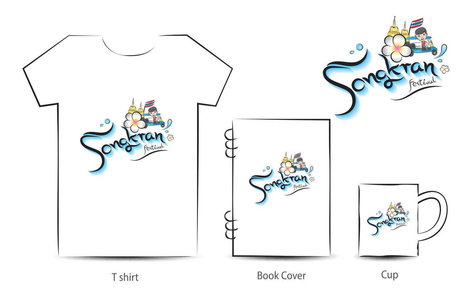 Songkran Festival logo vector on t-shirt mockup, book mockup and cup mockup, Thailand Traditional New Year's Day, t-shirt design, icon design