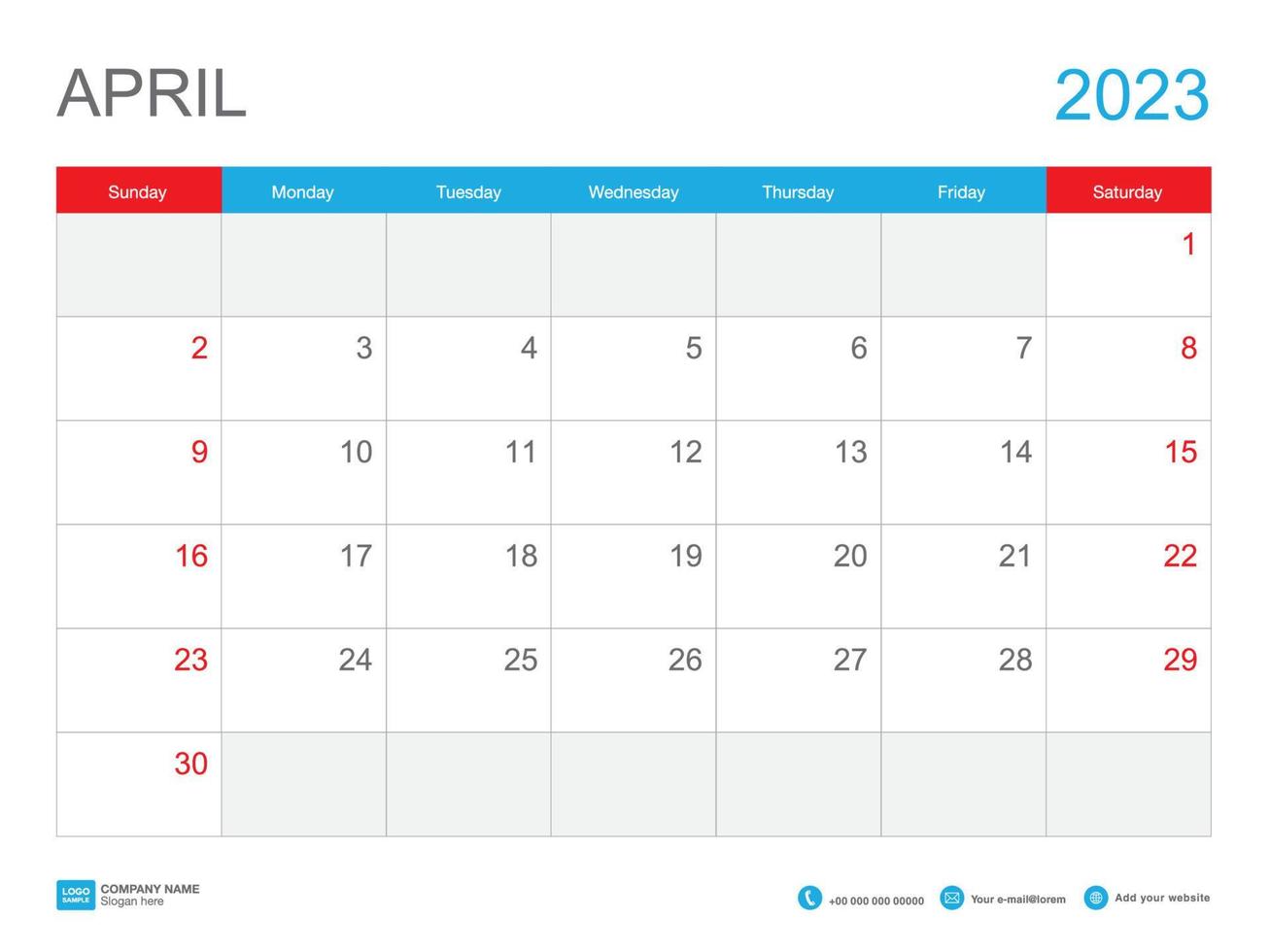 April 2023 template-Calendar 2023 design , Desk Calendar 2023 template, Planner simple, Week starts Sunday, Stationery, Wall calendar, printing, advertisement, vector illustration