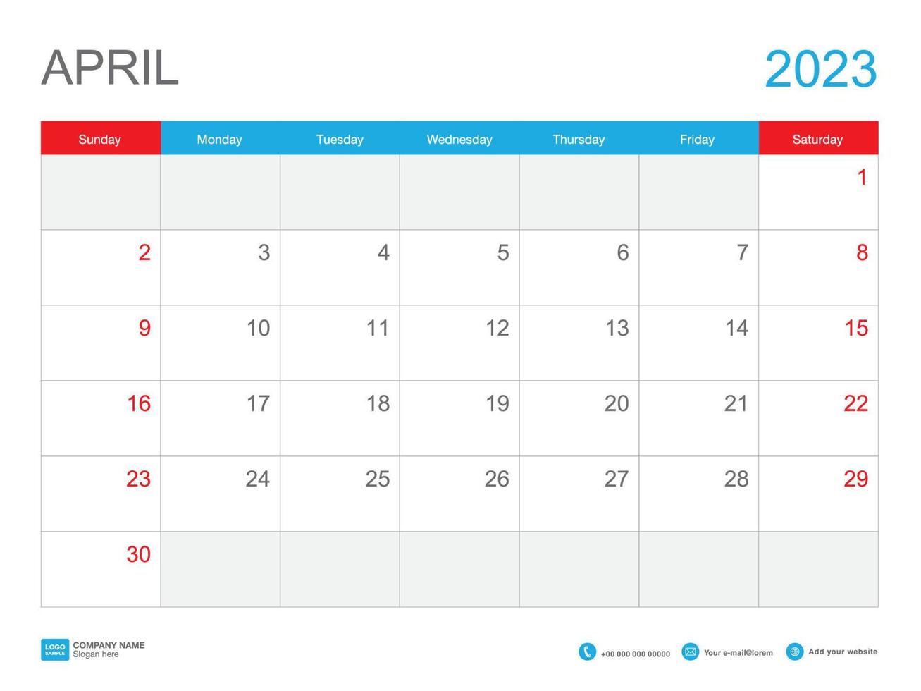 abril 2023 diseño de plantilla-calendario 2023, plantilla de calendario de escritorio 2023, planificador simple, semana comienza el domingo, papelería, calendario de pared, impresión, publicidad, ilustración vectorial vector