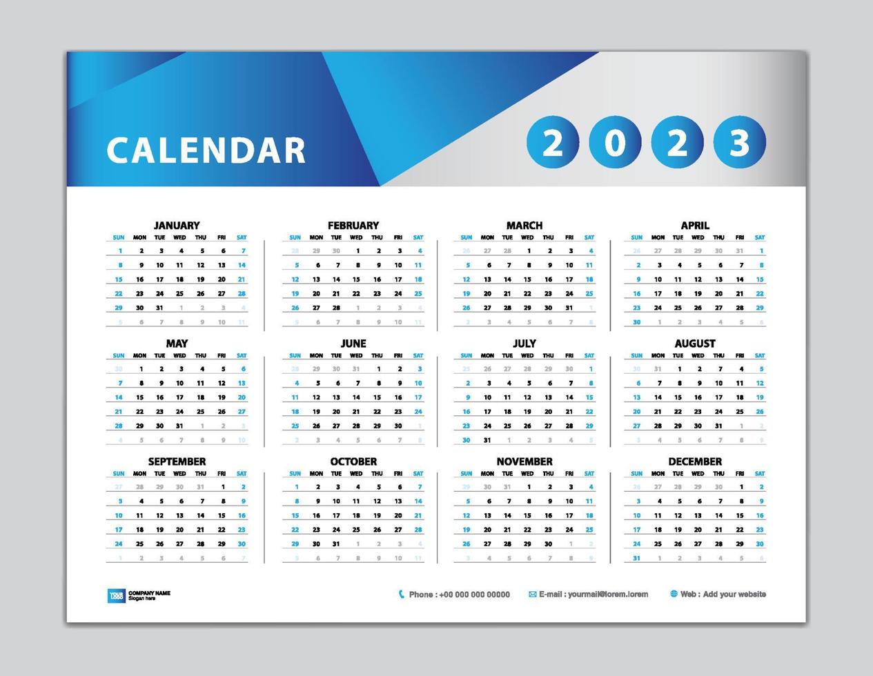 plantilla de calendario 2023, diseño de calendario de escritorio 2023, calendario de pared año 2023, conjunto de 12 meses, semana comienza el domingo, planificador, organizador anual, papelería, inspiración de calendario, vector de fondo azul