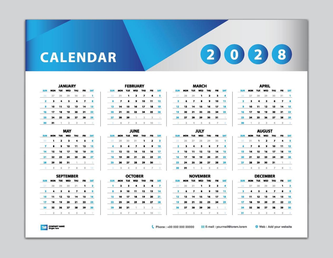 plantilla de calendario 2028, diseño de calendario de escritorio 2028, calendario de pared año 2028, conjunto de 12 meses, semana comienza el domingo, planificador, organizador anual, papelería, inspiración de calendario, vector de fondo azul