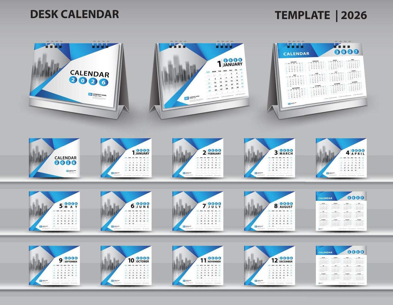 calendario 2026, 2027, plantilla 2028, diseño de calendario de escritorio 2026, calendario de pared año 2026, maqueta de calendario 3d, diseño de cubierta azul, conjunto de 12 meses, semana comienza el domingo, planificador, diseño de volante, vector