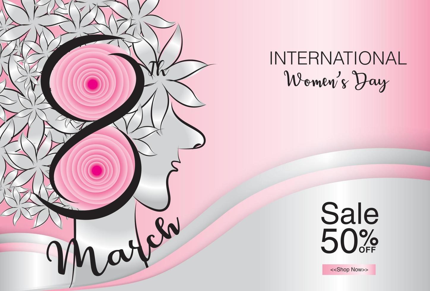 8 march. Women's day vector template can be cuse poster, flyer, sale banner, Postcard, greeting card, brochures. Hand drawn women vector with flowers in her hair. number 8 in pink flower concept.