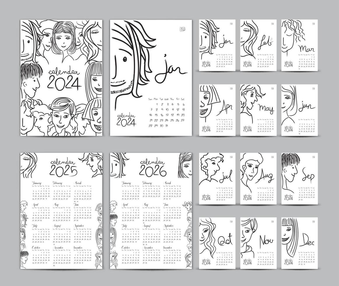 conjunto de plantillas de calendario 2024 y calendario 2025-2026 año, diseño de calendario de escritorio 2024, planificador, rotulación, vector de gente hipster de dibujos animados dibujados a mano que se puede utilizar para, postal, tarjeta de regalo, afiche, diario