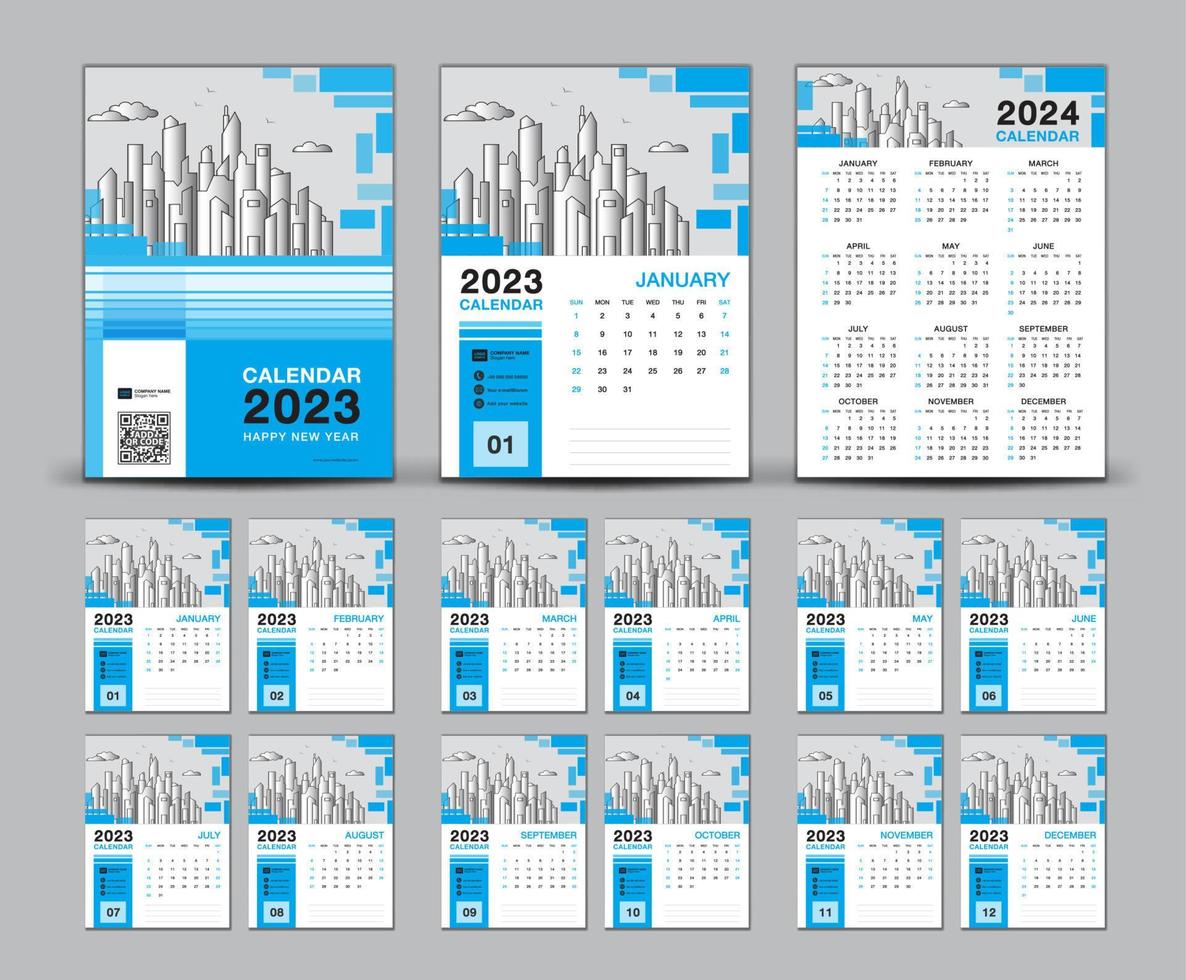 conjunto de diseño de calendario 2023 y plantilla de calendario de portada azul 2023, semana comienza el domingo, calendario de pared 2024 año, diseño de calendario de escritorio, planificador, impresión, afiche, publicidad, vector eps10