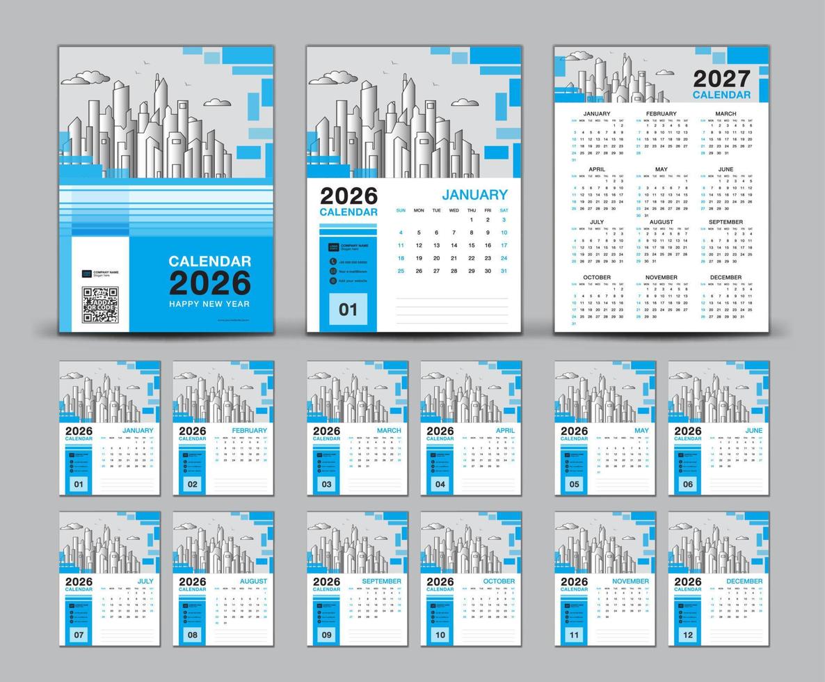 conjunto de diseño de calendario 2026 y plantilla de calendario de portada azul 2026, semana comienza el domingo, calendario de pared 2027 año, diseño de calendario de escritorio, planificador, impresión, afiche, publicidad, vector eps10