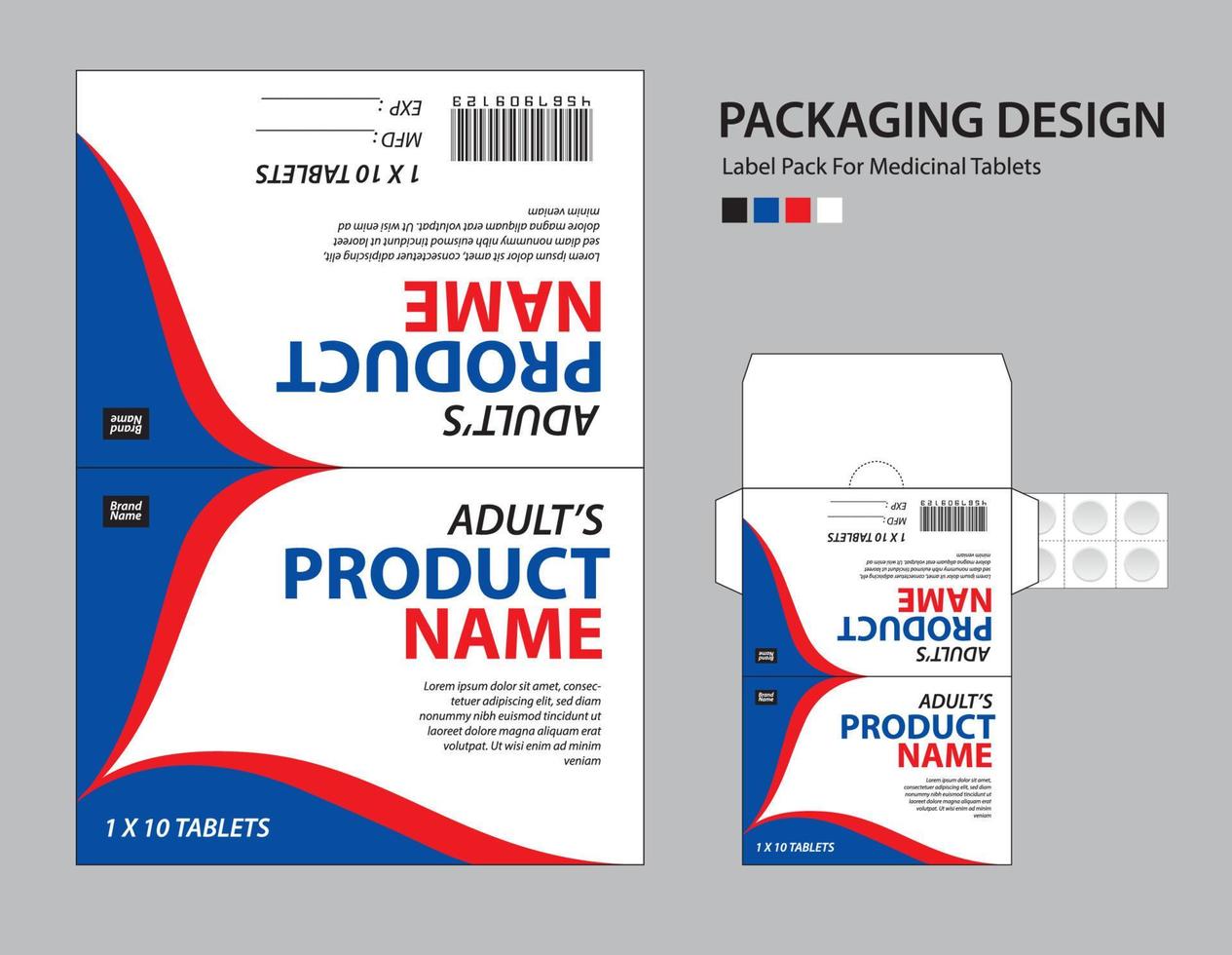 Label pack for medicinal tablets, label medicine paper design, medicine packaging design, healthcare product design. product label, realistic mock-up. wave background concept. vector illustration