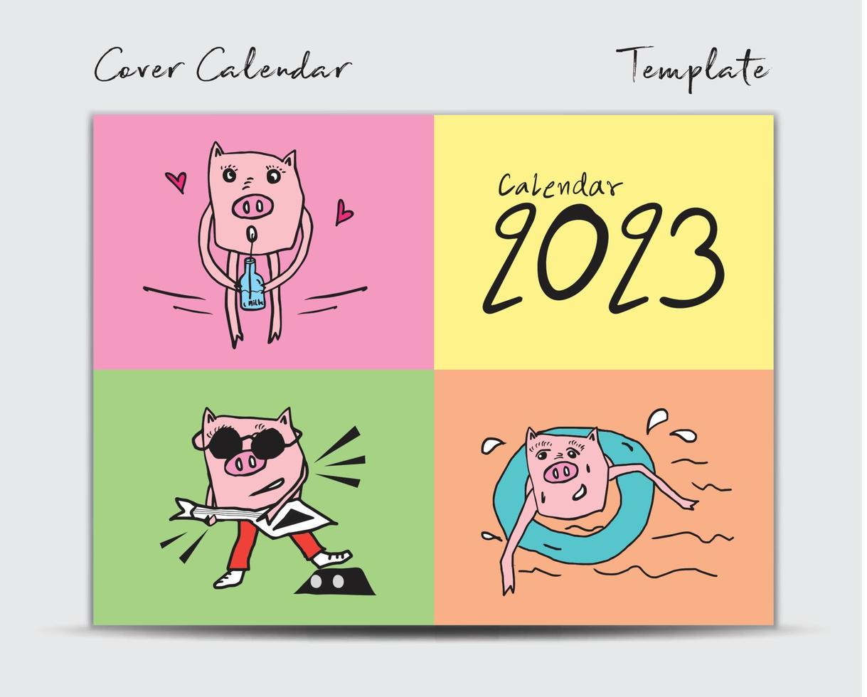 plantilla de diseño de calendario de portada 2023 con lindo vector de cerdo, calendario de escritorio mínimo 2023 año, letras, plantilla de portada de folleto, diario, postal, tarjeta de regalo, personaje de caricatura de cerdo, evento de vacaciones