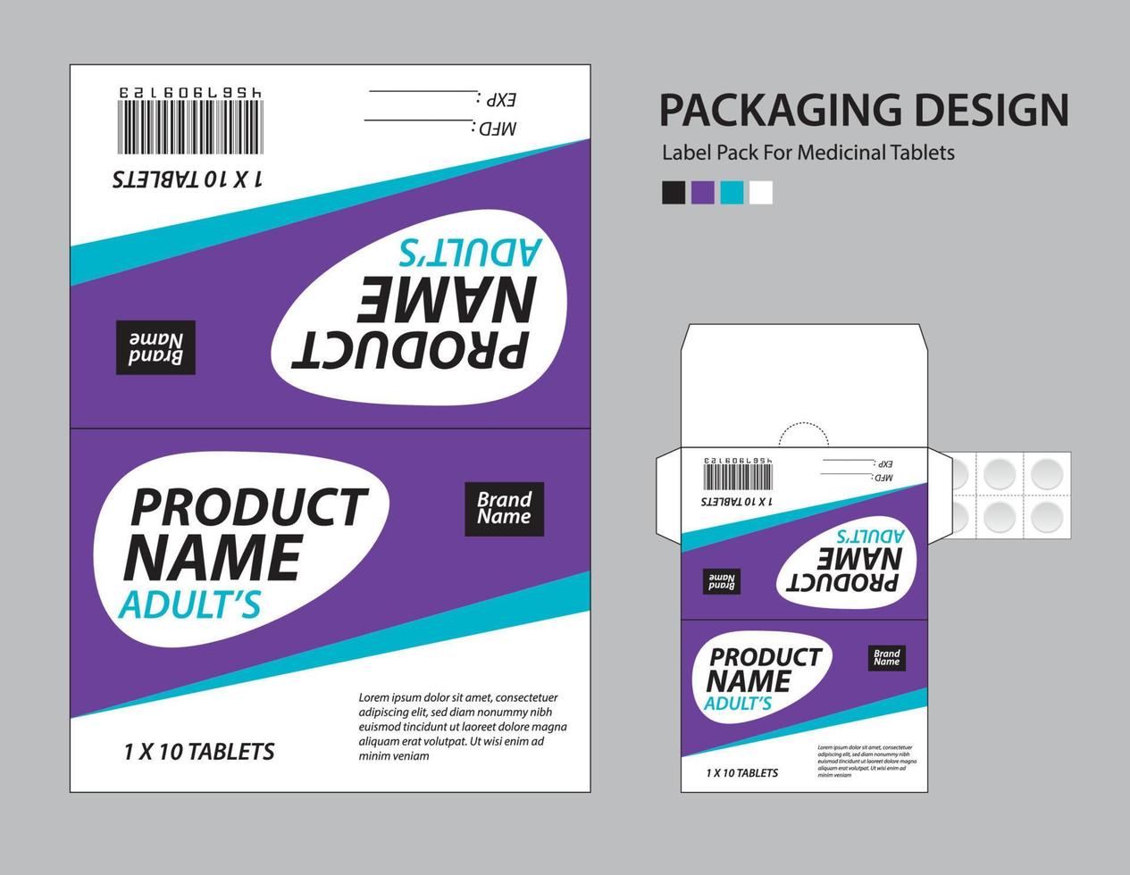 Label pack for medicinal tablets, label medicine paper design, medicine packaging design, healthcare product design. product label, realistic mock-up. wave background concept. vector illustration