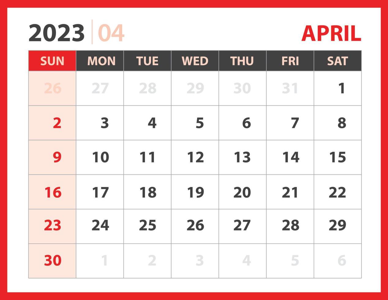 April 2023 template, Calendar 2023 design vector, planner layout, Week starts Sunday, Desk calendar 2023 template, Stationery. Wall calendar on red background, vector eps 10