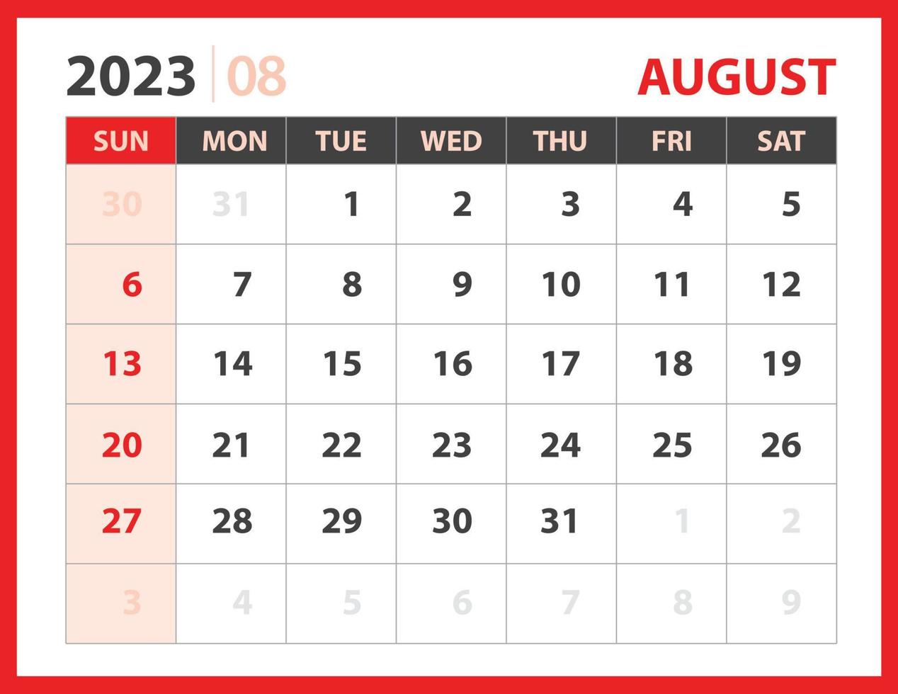 plantilla de agosto de 2023, vector de diseño de calendario 2023, diseño de planificador, semana comienza el domingo, plantilla de calendario de escritorio 2023, papelería. calendario de pared sobre fondo rojo, vector eps 10