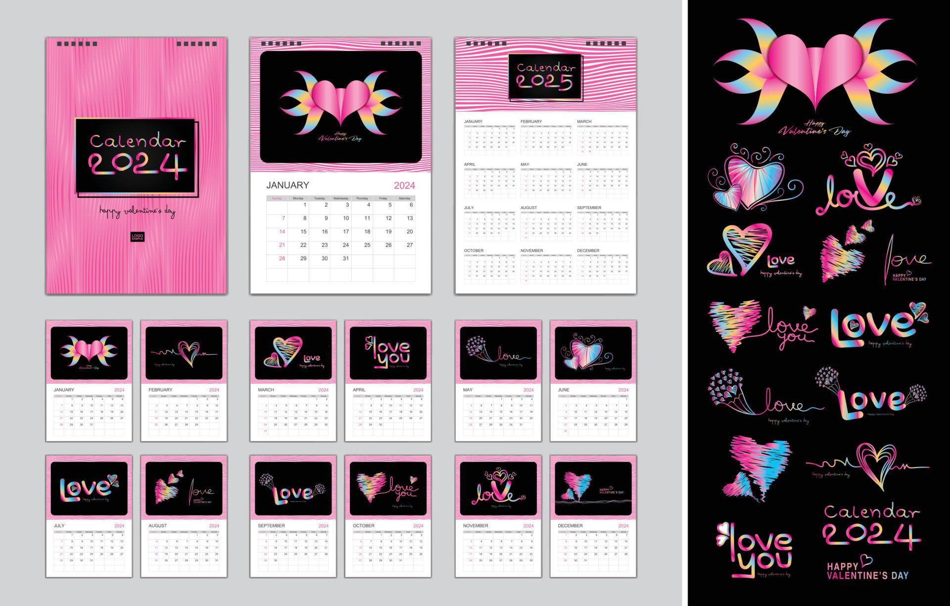 Calendar 2024 Template For Holiday Happy Valentine s Day Concept Desk Calendar 2024 Year Wall