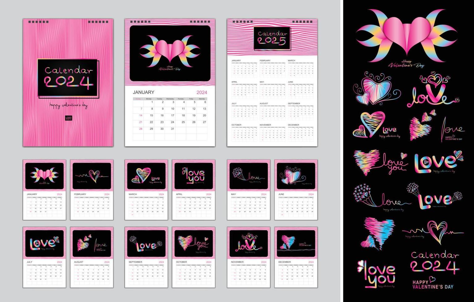 Calendar 2024 template for Holiday, Happy valentine's day concept, Desk