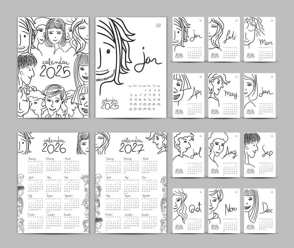 conjunto de plantillas de calendario 2025 y calendario 2026-2027 año, diseño de calendario de escritorio 2025, planificador, letras, vector de personas hipster de dibujos animados dibujados a mano que se puede usar para, postal, tarjeta de regalo, afiche, diario