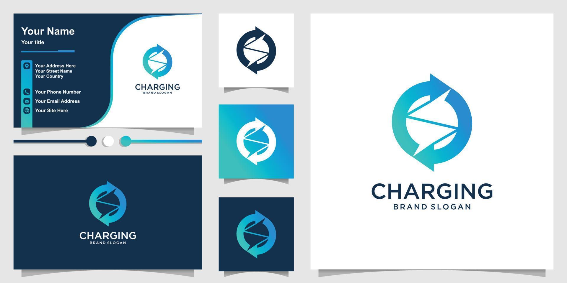Charging logo with modern abstract concept and business card design Premium Vector