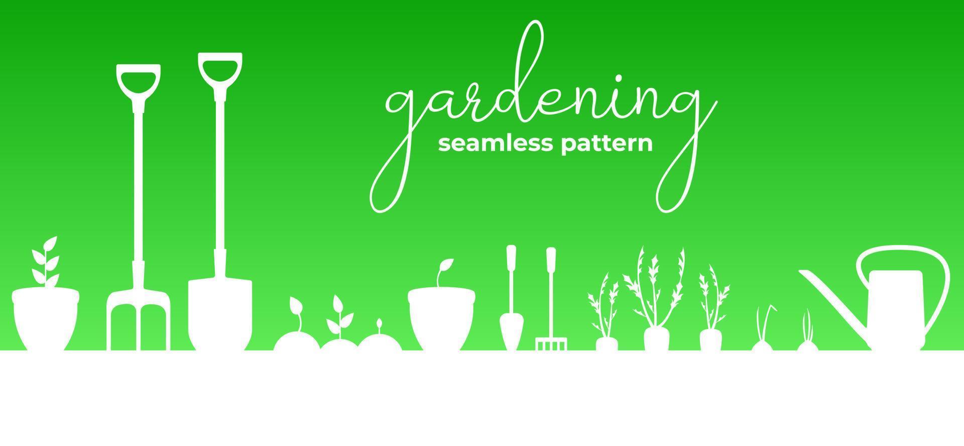 banner horizontal transparente de jardinería. equipos y plantas de jardín, brotes. siluetas blancas sobre un fondo verde. ilustración vectorial plana vector