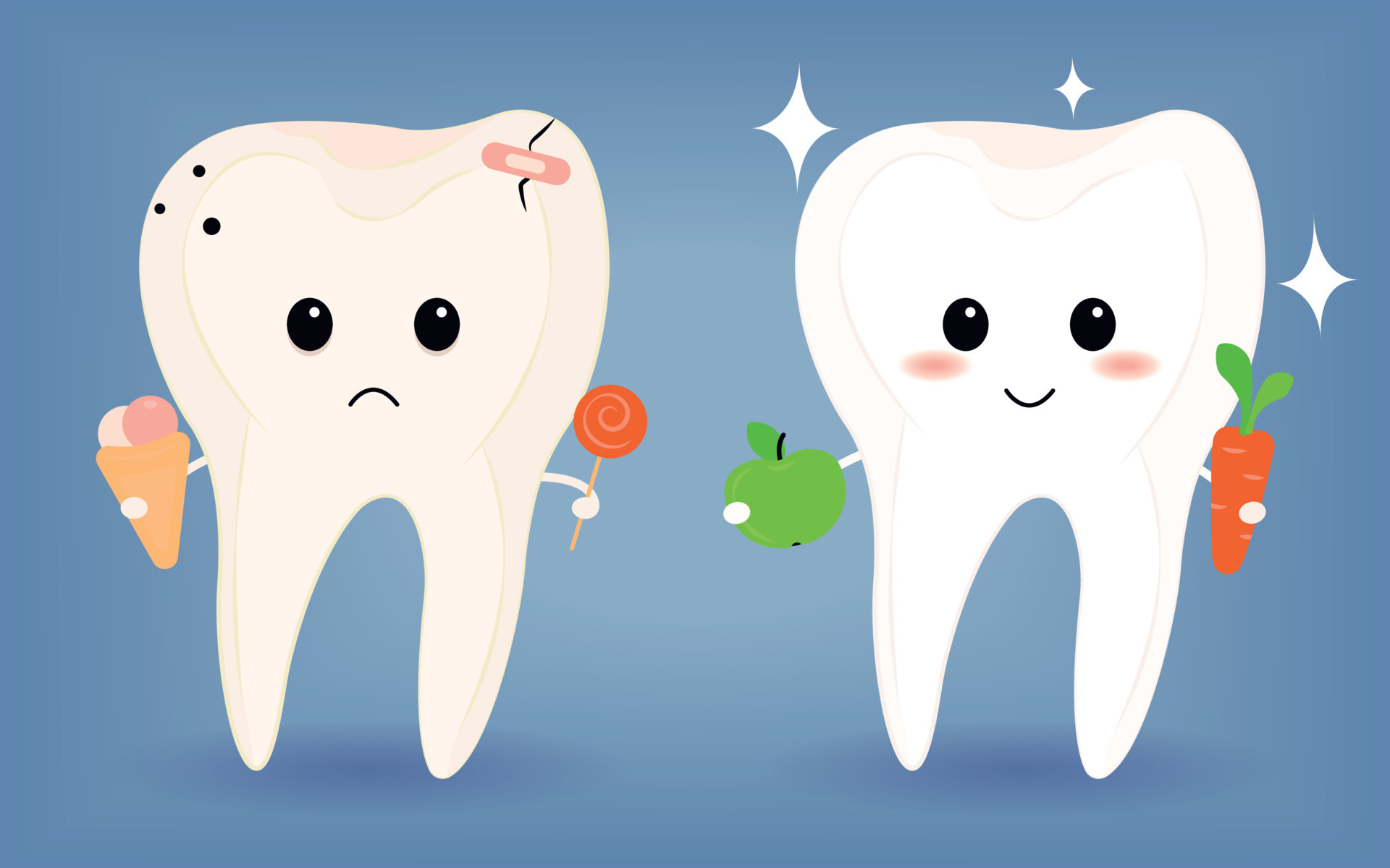 Happy cute smiling healthy and sad sick teeth. Vector modern style