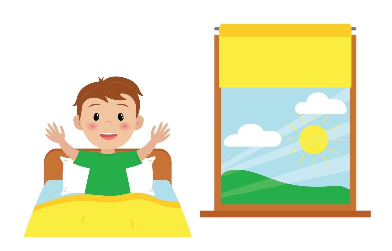 Happy cute little kid boy wake up with sunrise. Flat vector illustration