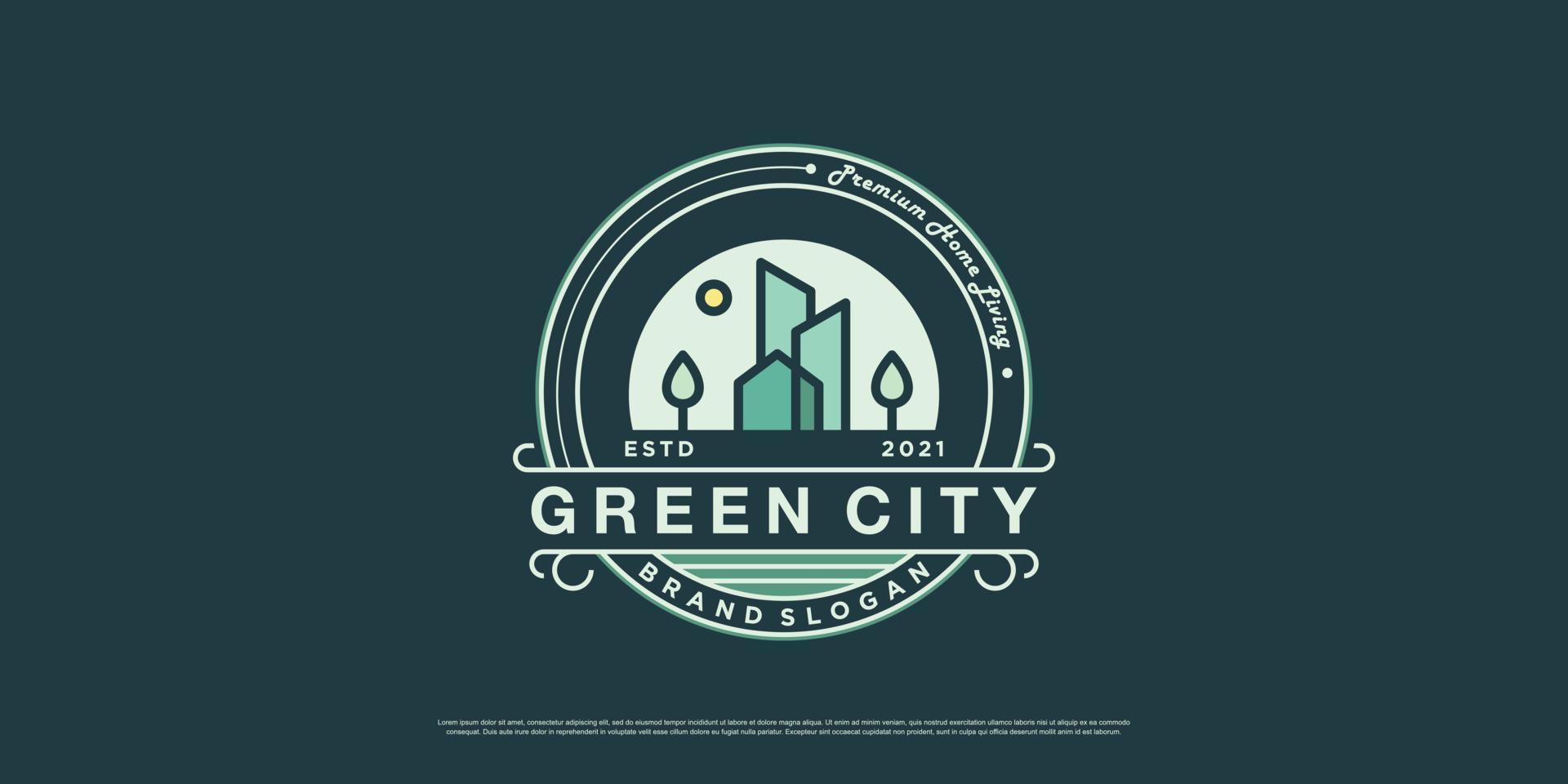 Green city logo illustration for real estate company Premium Vector