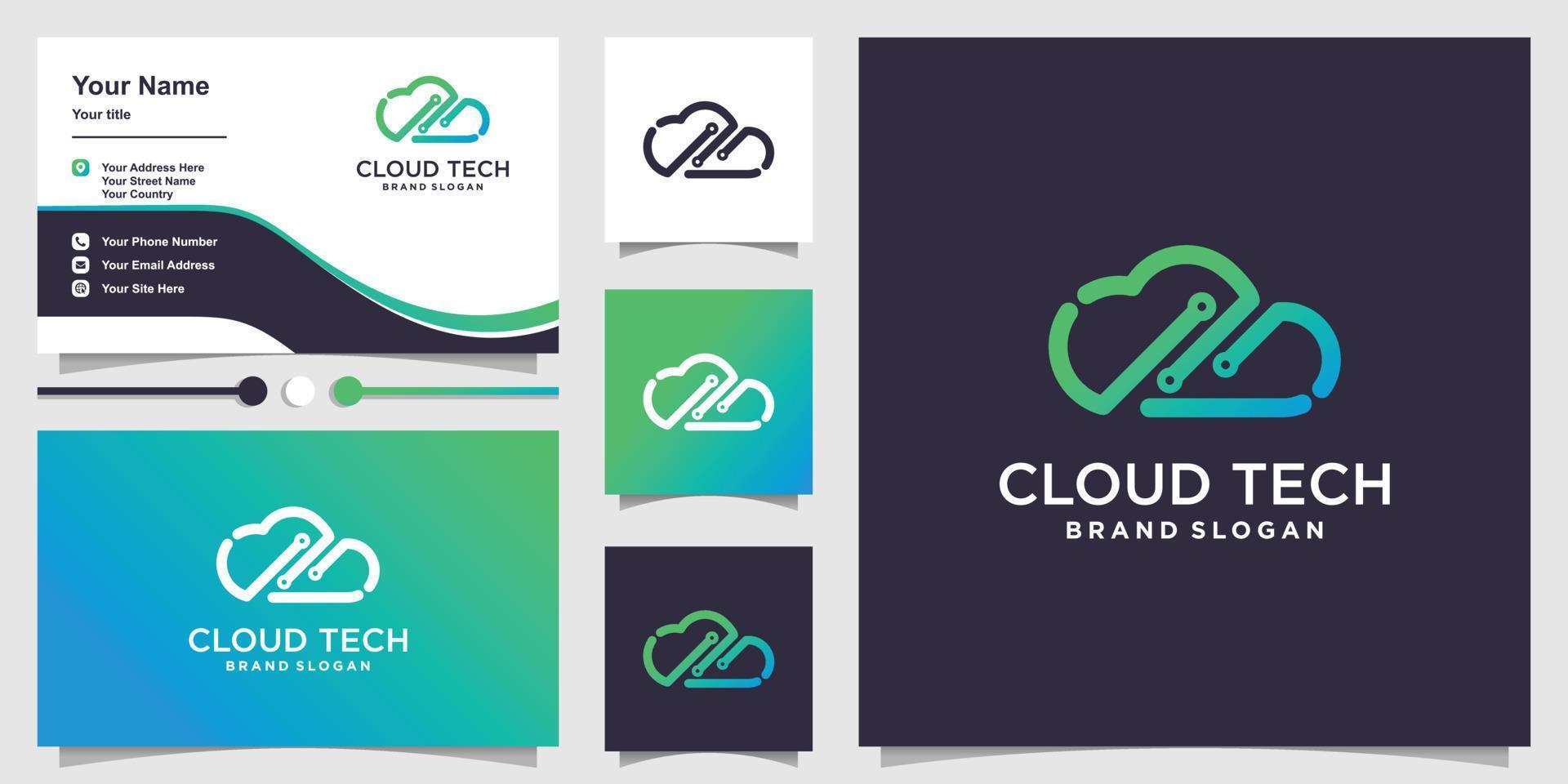 logotipo de nube con vector premium de concepto de tecnología de arte de línea creativa