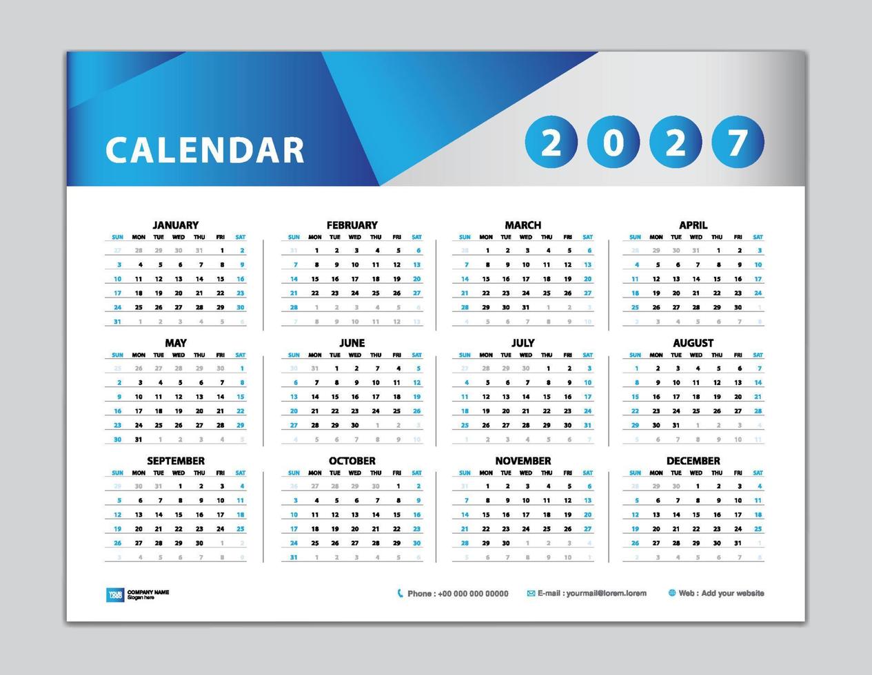 plantilla de calendario 2027, diseño de calendario de escritorio 2027, calendario de pared año 2027, conjunto de 12 meses, semana comienza el domingo, planificador, organizador anual, papelería, inspiración de calendario, vector de fondo azul