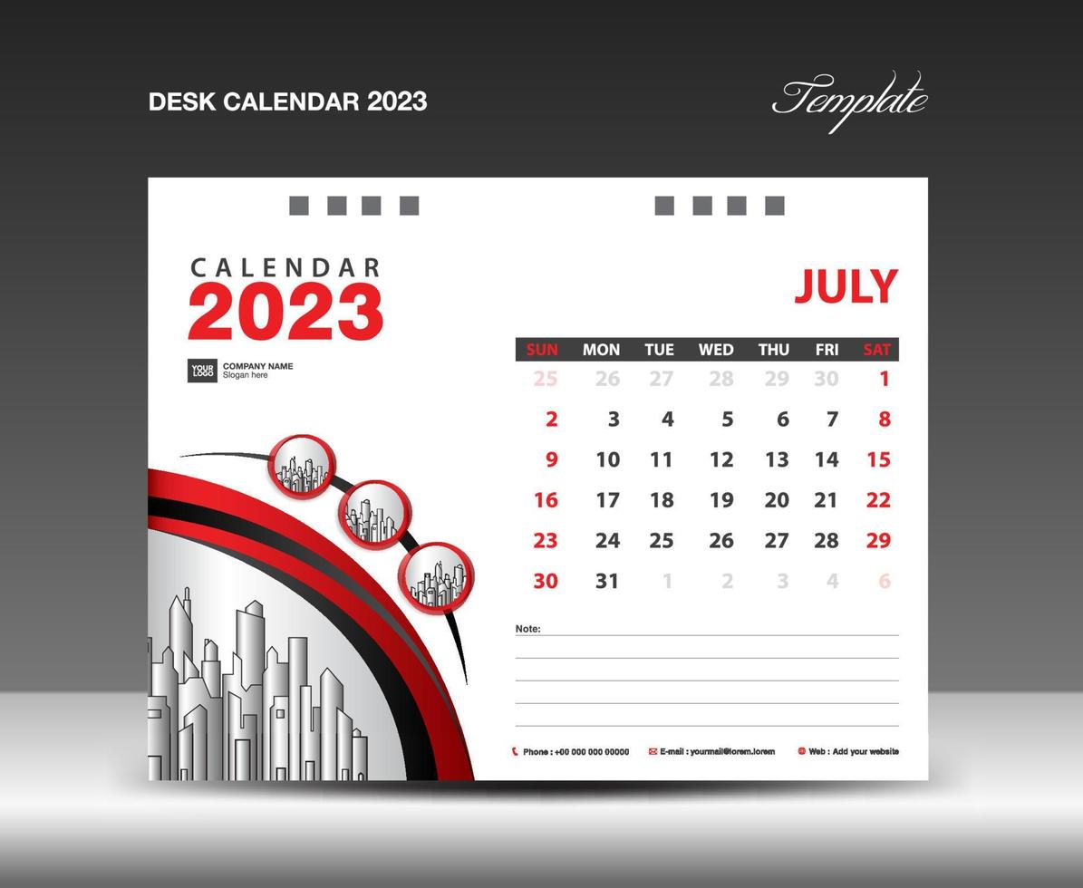 plantilla de julio de 2023, vector de diseño de calendario 2023, diseño de planificador, semana comienza el domingo, plantilla de calendario de escritorio 2023, papelería. calendario de pared sobre fondo rojo, vector eps 10