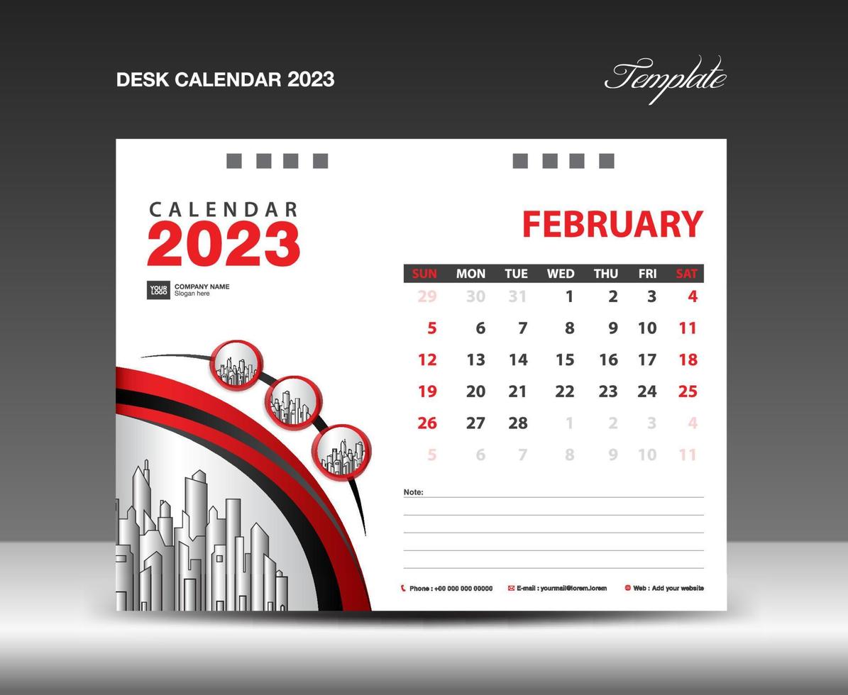 plantilla de febrero de 2023, vector de diseño de calendario 2023, diseño de planificador, semana comienza el domingo, plantilla de calendario de escritorio 2023, papelería. calendario de pared sobre fondo rojo, vector eps 10