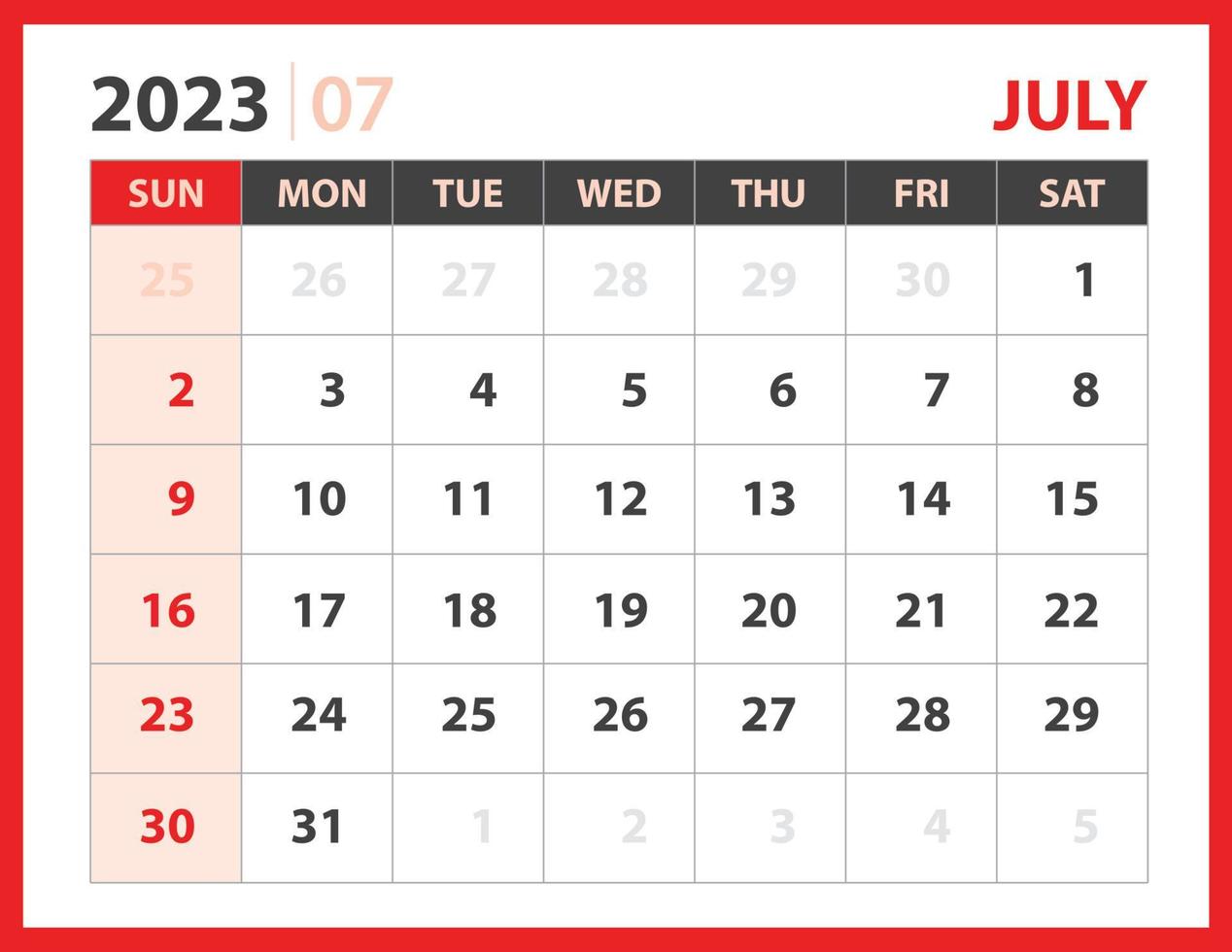 JULY 2023 template, Calendar 2023 design vector, planner layout, Week starts Sunday, Desk calendar 2023 template, Stationery. Wall calendar on red background, vector eps 10