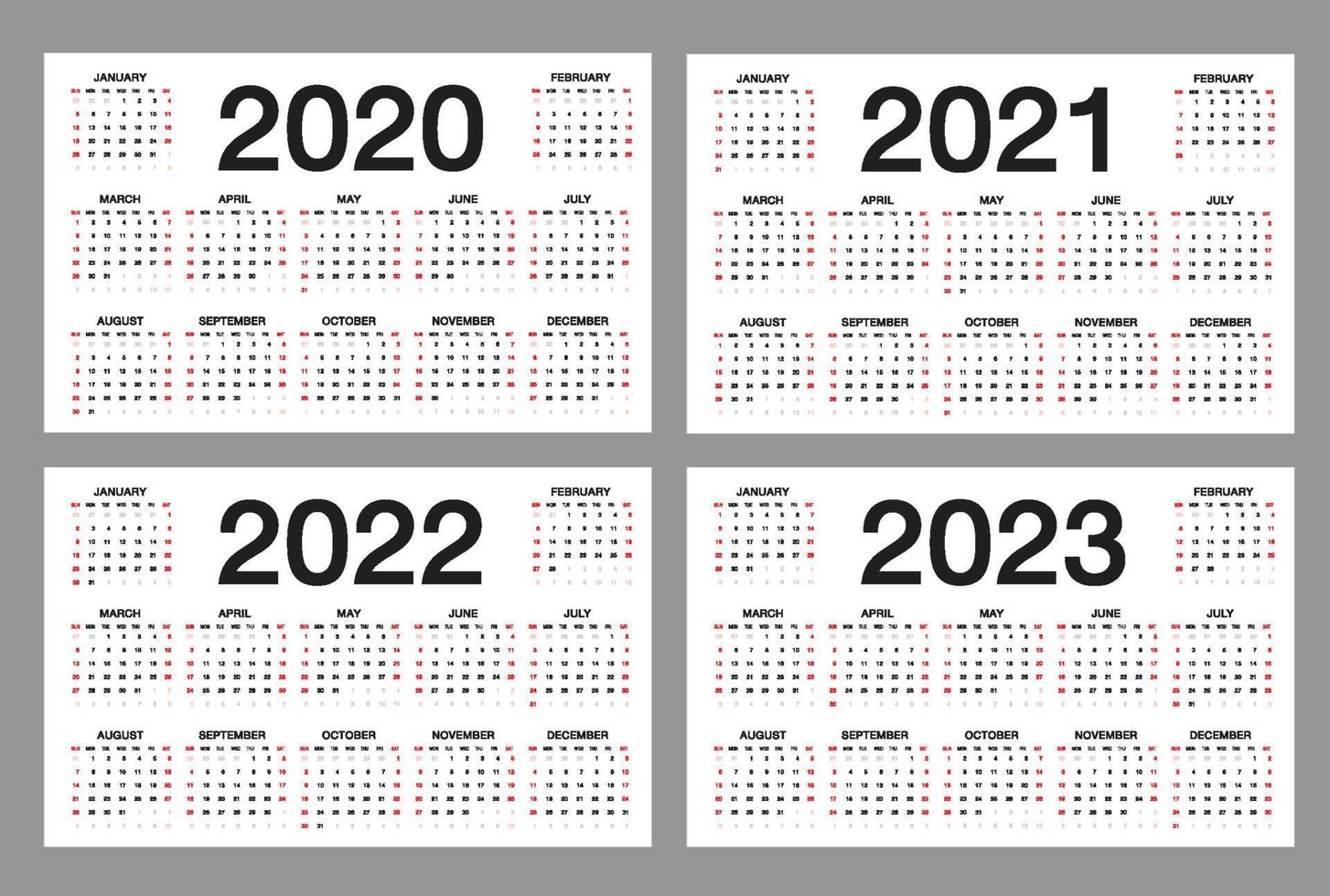 Simple calendar Template for 2020, 2021, 2022, 2023 years on white background, desk calendar, Week starts from Sunday, Business organizer design, vector illustration