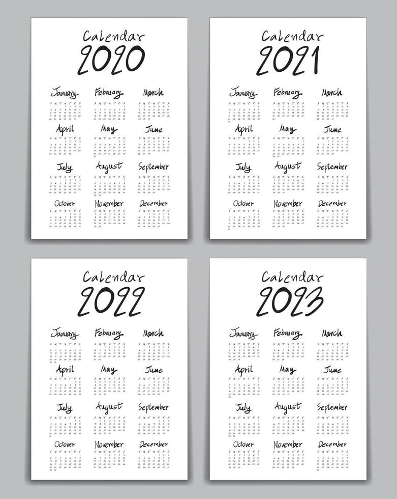 calendario 2020, 2021, 2022, 2023, plantilla, calendario de letras, ilustración de vector de calendario de letras dibujadas a mano, simple, conjunto de 12 meses, la semana comienza el domingo, papelería, volante, diseño de carteles