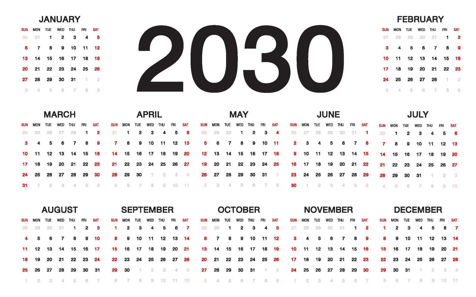 calendar 2030 template vector