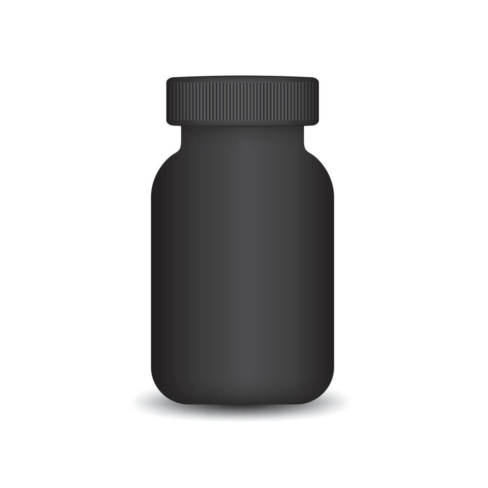 3d supplement bottle vector illustration. 3d black plastic Pills box, black medical container. healthcare bottle template. 3d realistic vector, bottle mock-up. product design. Cosmetic package.