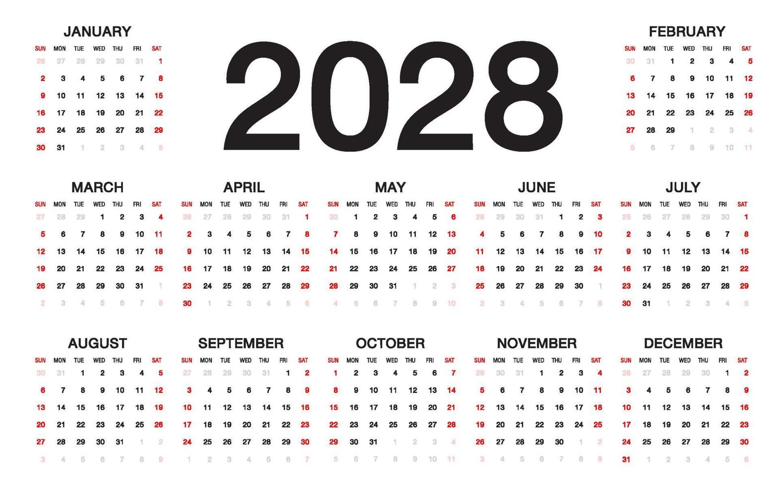 Calendar 2028 template vector illustration