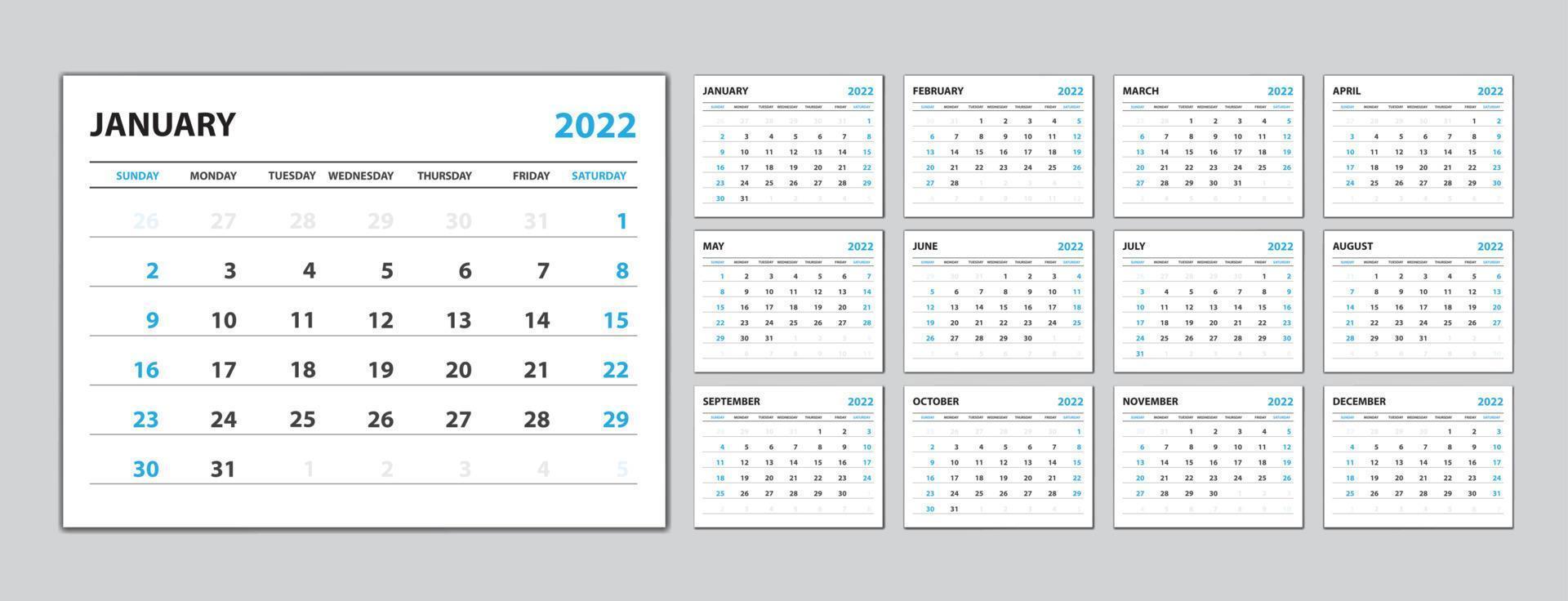 establecer calendario de escritorio 2022 año, plantilla de calendario 2022 vector