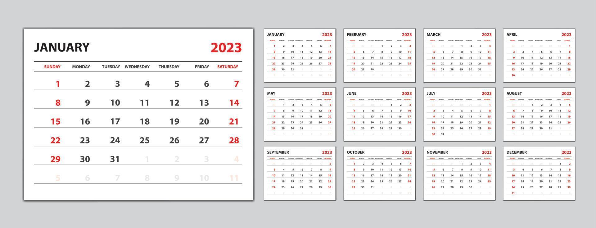 establecer calendario de escritorio 2023 año, plantilla de calendario 2023 vector