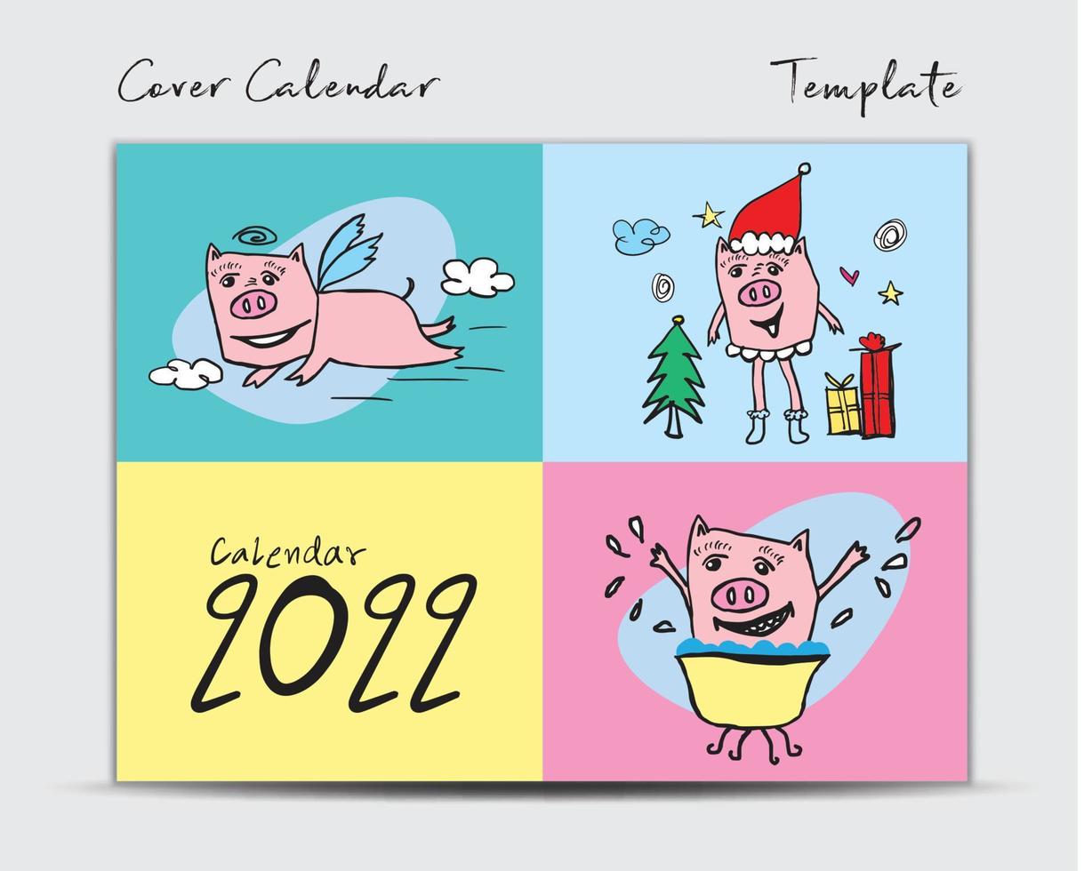 plantilla de diseño de calendario de portada 2022 con lindo vector de cerdo, calendario de escritorio mínimo 2022 año, letras, plantilla de portada de folleto, diario, postal, tarjeta de regalo, personaje de caricatura de cerdo, evento de vacaciones