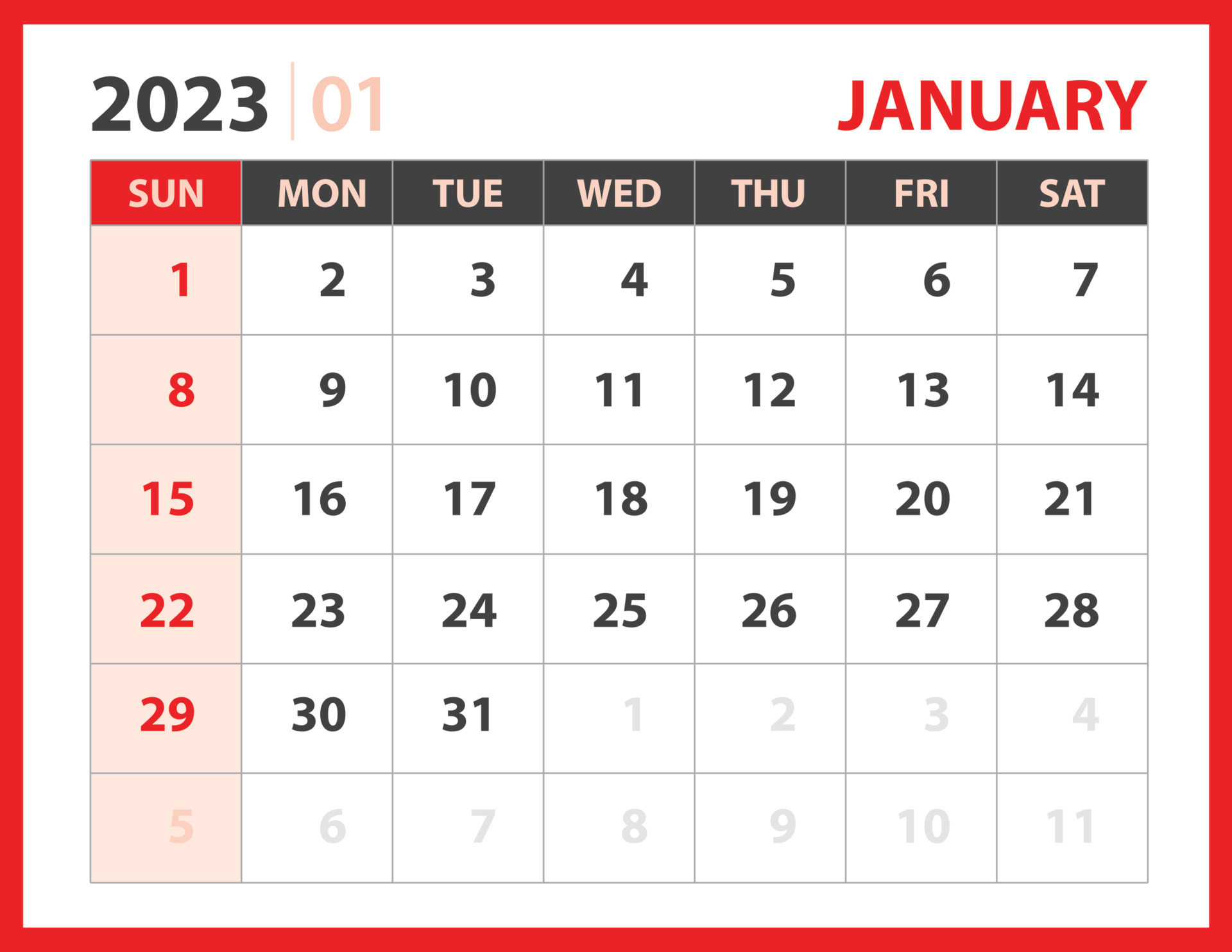 January 2023 Template Calendar 2023 Design Vector Planner Layout