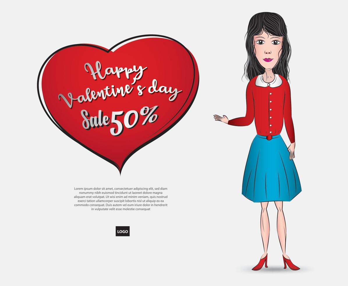 Young Business woman with heart shape vector illustration of a flat design. for valentine's day card, banner, poster, ads. beautiful girls. cartoon portraits. Flat cartoon girl in red uniform.